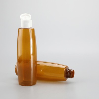 210ml 7oz clear amber cylinder plastic packaging bottle for shampoo lotion usage with white flip top cap