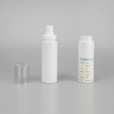 Fancy solid white cylinder round plastic bottle with special head plastic lotion sample bollte with high quality mist sprayer