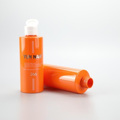 High quality 200ml solid orange custom color shampoo lotion PET plastic packaging bottle with white flip top cap