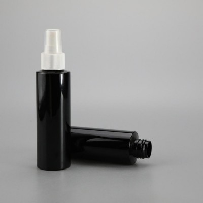 Fancy 120ml black cylinder round plastic sample bottle for toner lotion shampoo hotel uasge with white thread mist sprayer